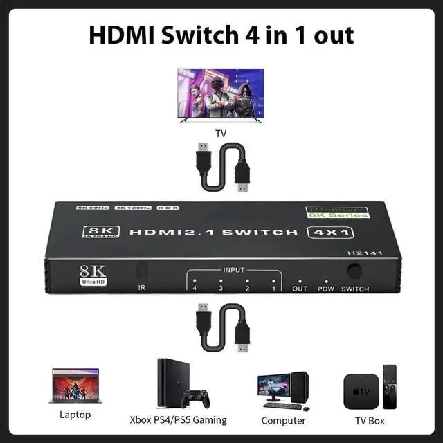 Alt view image 2 of 7 - WRIARICH 4 in 1 Out 8K HDMI 2.1 Switch with IR Remote, 48Gbps Auto HDMI Switcher Support 8K@60Hz HDR10 HDCP2.3, for PS5/PS4/PS3, Xbox, Nintendo Switch, HDTV Monitor
