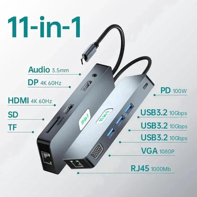 Alt view image 5 of 7 - 11-in-1 USB-C Docking Station, Triple Display Hub with 4K@60Hz HDMI, 1080P VGA, DisplayPort, 3×10Gbps USB3.2 Gen2, Gigabit Ethernet, 100W PD Charging, SD TF Card Reader for Laptop Phone Surface Tablet