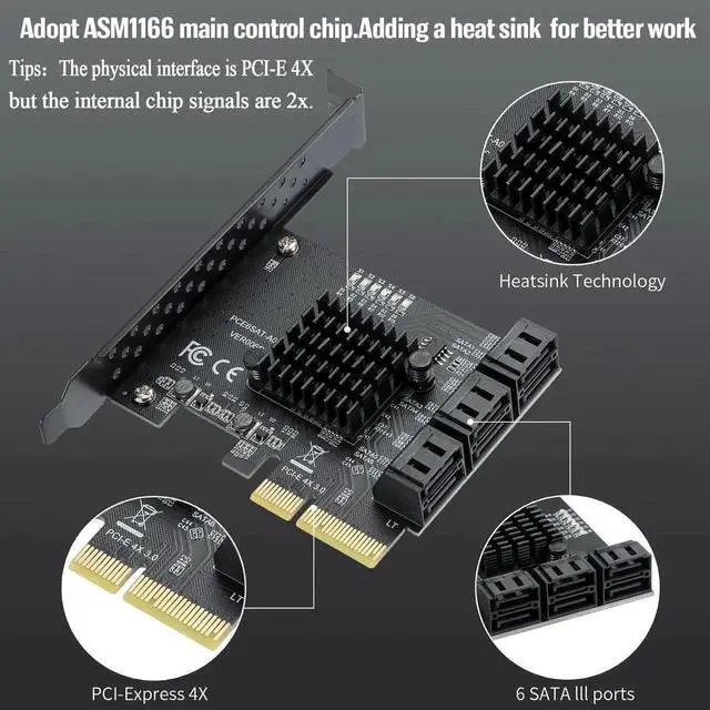 Alt view image 2 of 7 - WRIARICH PCIe 4X to 6-Port SATA 3.0 Expansion Card, 6Gbps SATA Controller Card with LED Activity Indicator, Comes with 6 SATA Data Cables & 15-Pin Power Cord, Compatible with Windows & Linux Systems