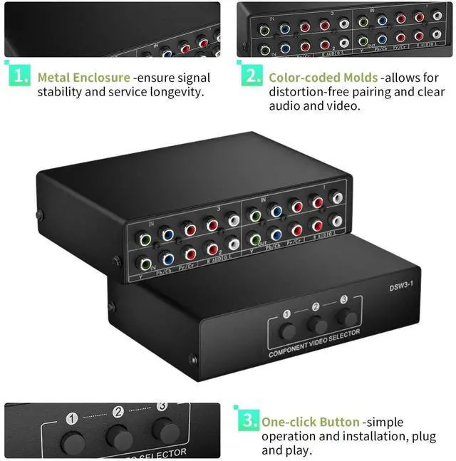 Alt view image 6 of 7 - 3 in 1 Out Component AV Switch Box, 3-Port 5 RCA YPbPr RGB Component Video Selector with L/R Stereo Audio, Supports 1080P, Compatible with Xbox, Wii, PS1/PS2/PS3, SNES, DVD Players, STB and HDTV