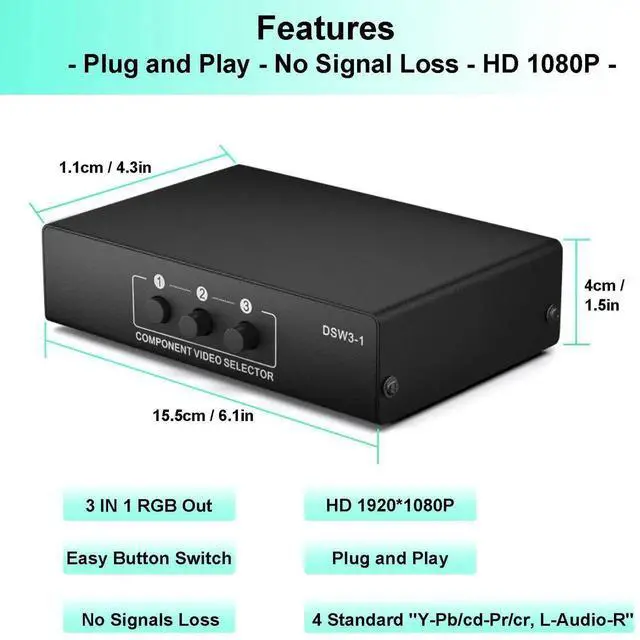 Alt view image 5 of 7 - 3 in 1 Out Component AV Switch Box, 3-Port 5 RCA YPbPr RGB Component Video Selector with L/R Stereo Audio, Supports 1080P, Compatible with Xbox, Wii, PS1/PS2/PS3, SNES, DVD Players, STB and HDTV