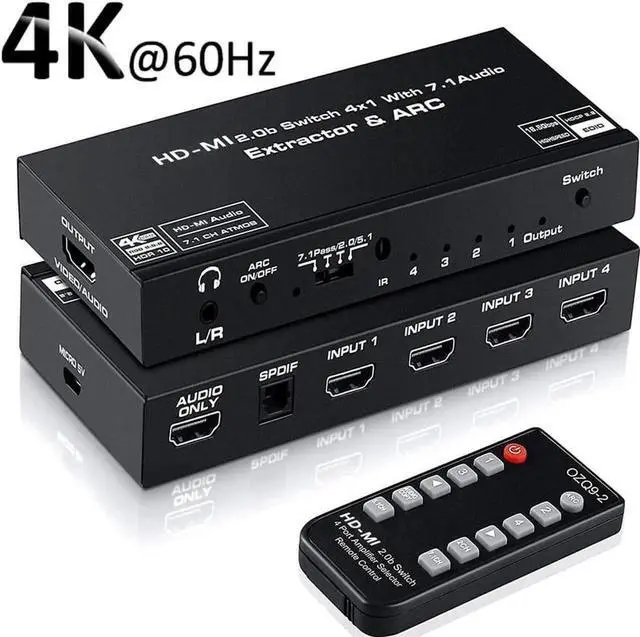 Main image of WRIARICH 4 Port HDMI 2.0b Switch 4K@60Hz Audio Extractor, 4 in 1 Out HDMI Splitter with Optical SPDIF & 3.5mm AUX Out, Remote Control, ARC, HDR, Dolby Vision, HDCP 2.2, 18Gbps Bandwidth