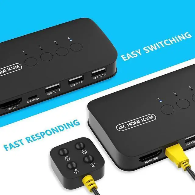Alt view image 4 of 7 - WRIARICH 4-Port HDMI KVM Switch with 3 USB 2.0 Ports, 4K/2K@30Hz, Comes with 4 KVM Cables & Desktop Controller for 4 PCs Sharing One Monitor Keyboard Mouse
