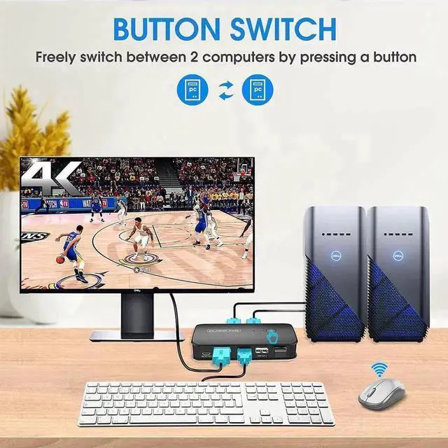 Alt view image 3 of 7 - WRIARICH 2 Port HDMI KVM Switch Box 4K@30Hz, 2 Computers Share 1 HD Monitor Keyboard Mouse Printer, Equipped with Wired Controller & KVM Cables