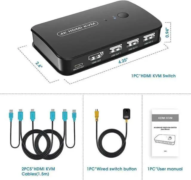 Alt view image 7 of 7 - WRIARICH 2 Port HDMI KVM Switch Box 4K@30Hz, 2 Computers Share 1 HD Monitor Keyboard Mouse Printer, Equipped with Wired Controller & KVM Cables
