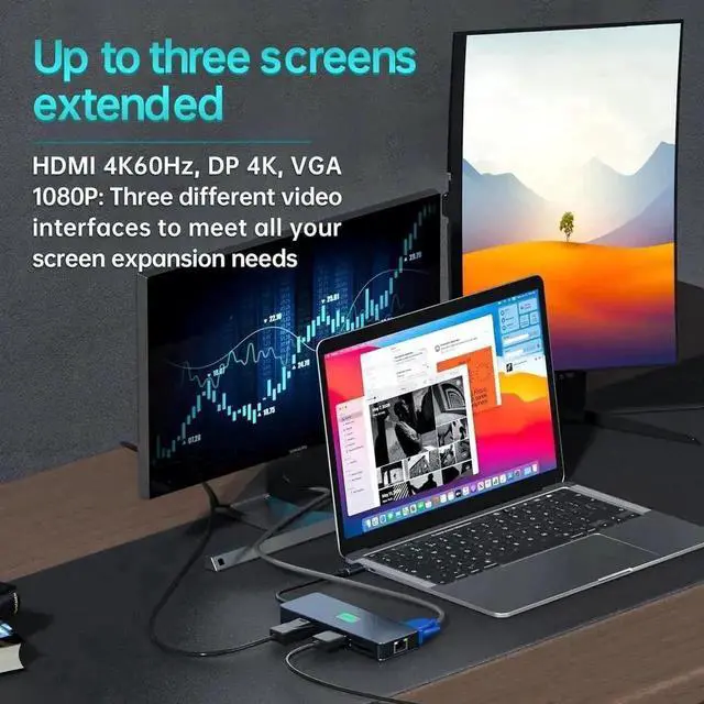 Alt view image 7 of 7 - 11 in 1 USB C Triple Monitor Docking Station, Multiport Adapter Dongle with 4K60 HDMI DP VGA, 100W PD, Gigabit Ethernet, 3 USB3.2, SD/TF, 3.5mm Mic Audio, Compatible with MacBook Dell HP Lenovo USB-C