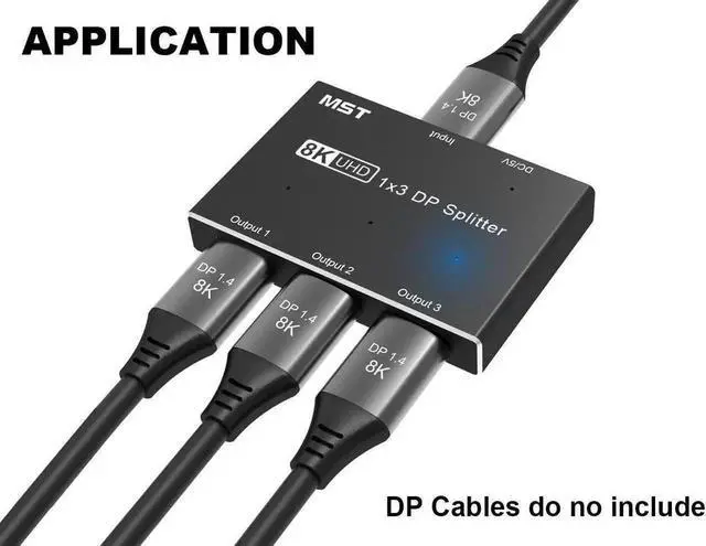 Alt view image 3 of 7 - WRIARICH 1 in 3 Out DisplayPort Splitter Hub, 8K@30Hz 4K@120Hz DP MST SST Converter Adapter, 1x3 DP Splitter for Ultra HD Source to 3 Monitors