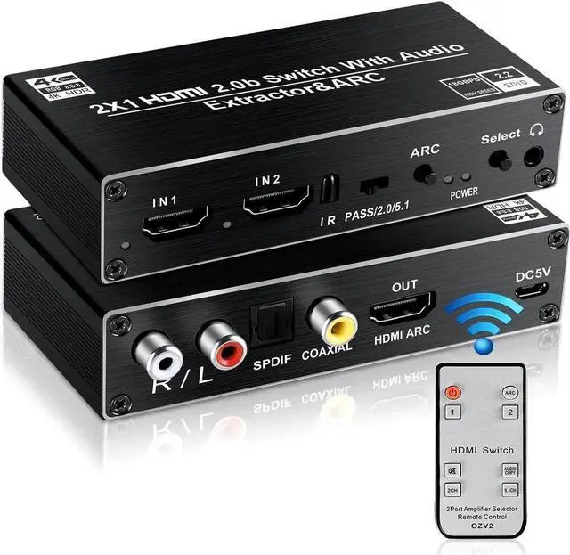 Main image of WRIARICH 2 in 1 Out HDMI 2.0b Switch with Audio Extractor & IR Remote, 4K@60Hz HDMI Switcher Splitter, Optical Toslink SPDIF, Coaxial, RCA Stereo Audio Output for HDTV Projector Game Consoles