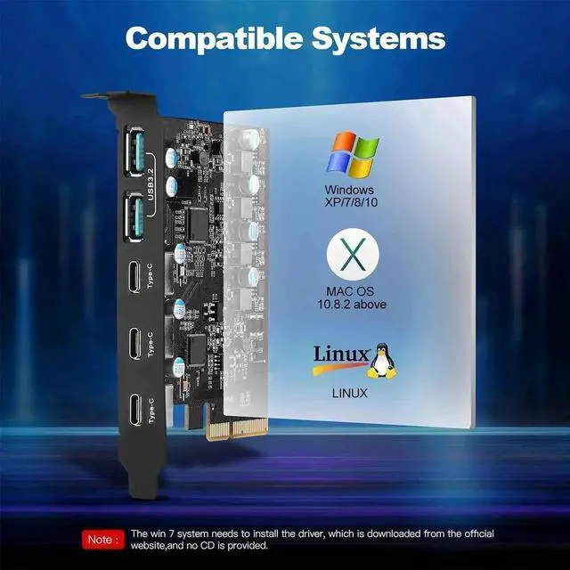 Alt view image 6 of 7 - WRIARICH PCIe USB 3.2 Gen2 Expansion Card, 5-Port 10Gbps Super Speed PCI Express Hub Adapter (3×USB-C + 2×USB-A), Compatible Windows XP/Vista/7/8/10/11