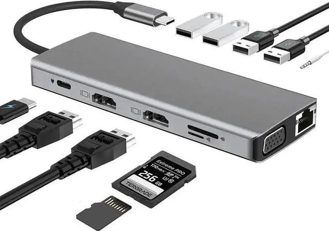Main image of 12 in 1 USB C Triple Monitor Docking Station, Multiport Adapter Dongle with Dual HDMI VGA, 100W PD, Gigabit Ethernet, 4 USB, SD/TF, 3.5mm Mic Audio, Compatible with MacBook Dell HP Lenovo USB-C Laptop