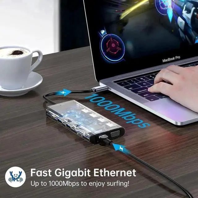 Alt view image 3 of 7 - 12 in 1 USB C Triple Monitor Docking Station, Multiport Adapter Dongle with Dual HDMI VGA, 100W PD, Gigabit Ethernet, 4 USB, SD/TF, 3.5mm Mic Audio, Compatible with MacBook Dell HP Lenovo USB-C Laptop