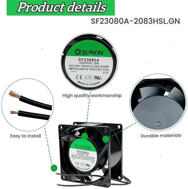 Alt view image 6 of 6 - WRIARICH SUNON SF23080A-2083HBL.GN 8038 Cabinet Cooling Fan, 220-240V 50/60Hz 0.08/0.09A 2850RPM Axial Fan
