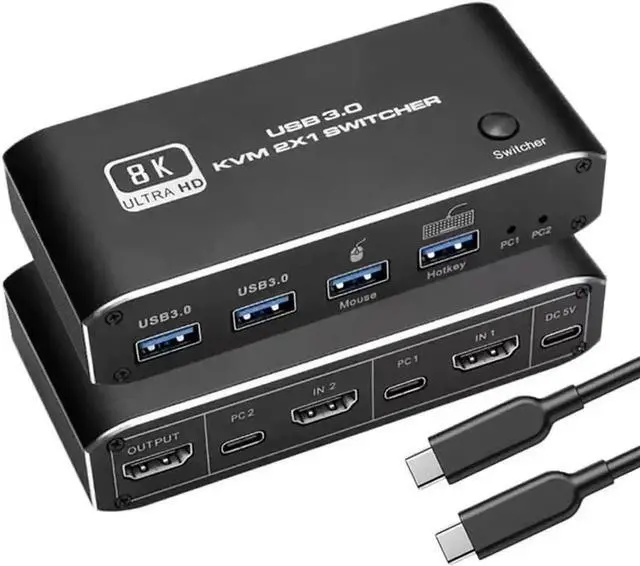 Main image of WRIARICH 2 In 1 Out HDMI 2.1 KVM Switch 8K@60Hz, 2 PCs Share 1 Monitor Keyboard Mouse & Dual USB 3.0 Ports, Support Dynamic HDR, VRR, RGB 8:8:8, One-Button & Hotkey Switching