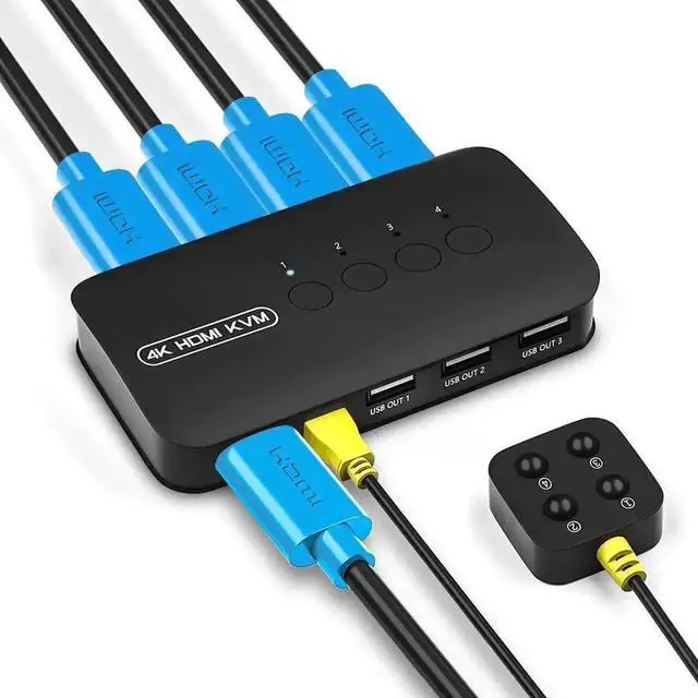 Main image of WRIARICH 4 Port HDMI KVM Switch 4K@30Hz, 4 Computers Share Single Monitor Keyboard Mouse Printer, Comes with 4 KVM Combo Cables
