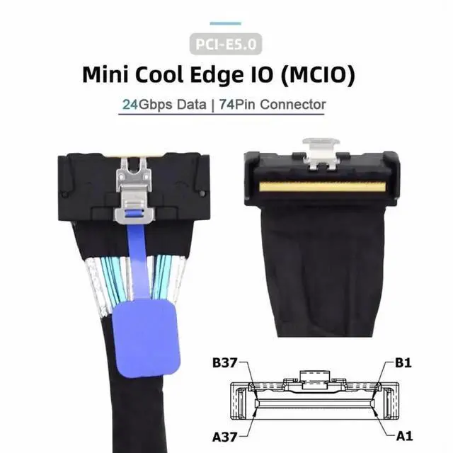 Alt view image 7 of 7 - WRIARICH 35CM Angled PCIe 5.0 MCIO Mini Cool Edge IO Extension Cable, SFF-8654 8i 74Pin Male to Male Server High-Speed Extender Cord