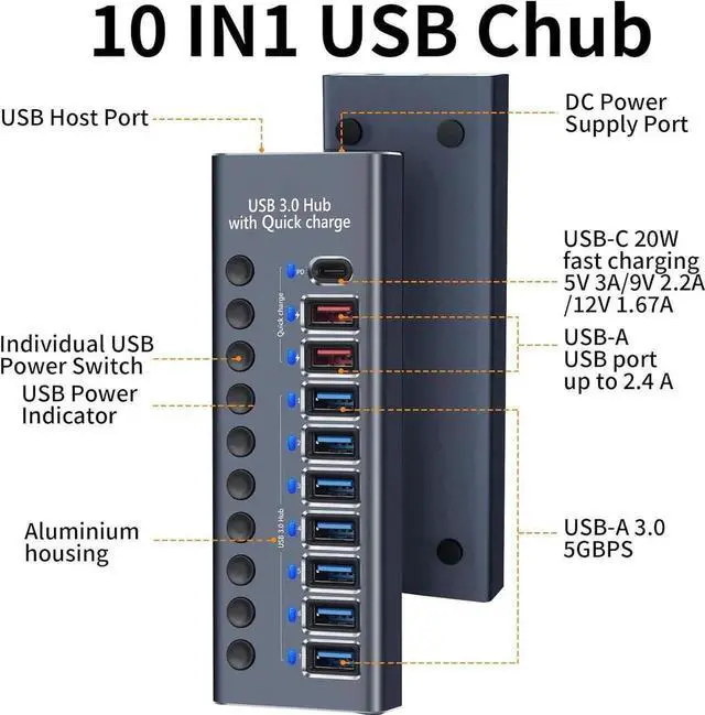 Alt view image 2 of 6 - WRIARICH 10 Ports 60W USB 3.0 Hub with Individual On/Off Switches, Aluminum Shell, 12V/5A Power Adapter, 5Gbps High Speed Data & Charging Hub for PC Laptop Mobile Hard Drive