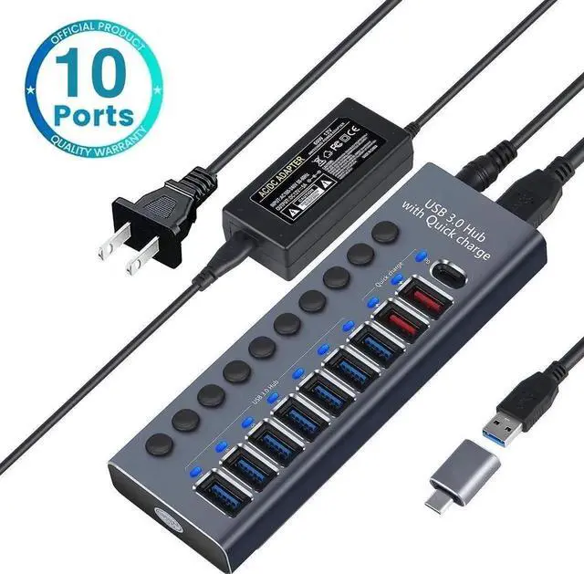 Main image of WRIARICH 10 Ports 60W USB 3.0 Hub with Individual On/Off Switches, Aluminum Shell, 12V/5A Power Adapter, 5Gbps High Speed Data & Charging Hub for PC Laptop Mobile Hard Drive