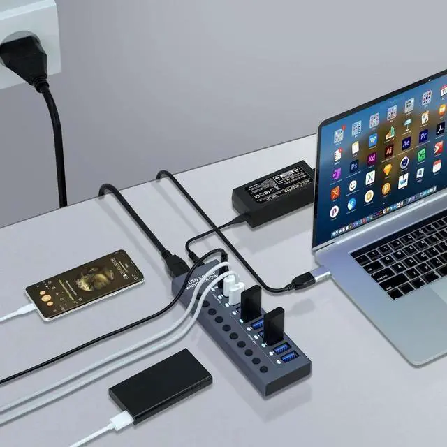 Alt view image 4 of 6 - WRIARICH 10 Ports 60W USB 3.0 Hub with Individual On/Off Switches, Aluminum Shell, 12V/5A Power Adapter, 5Gbps High Speed Data & Charging Hub for PC Laptop Mobile Hard Drive