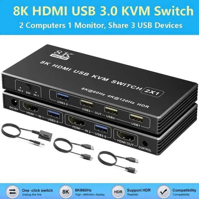 Main image of WRIARICH 2 Port HDMI USB 3.0 KVM Switch 8K@60Hz, 2 In 1 Out KVM Switcher for 2 PCs Share 1 Monitor Keyboard Mouse Printer Scanner, With Desktop Controller