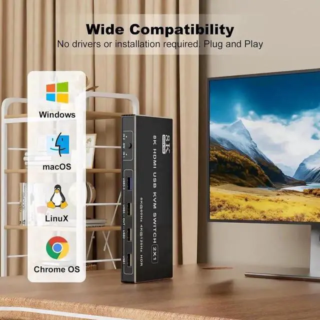 Alt view image 6 of 7 - WRIARICH 2 Port HDMI USB 3.0 KVM Switch 8K@60Hz, 2 In 1 Out KVM Switcher for 2 PCs Share 1 Monitor Keyboard Mouse Printer Scanner, With Desktop Controller