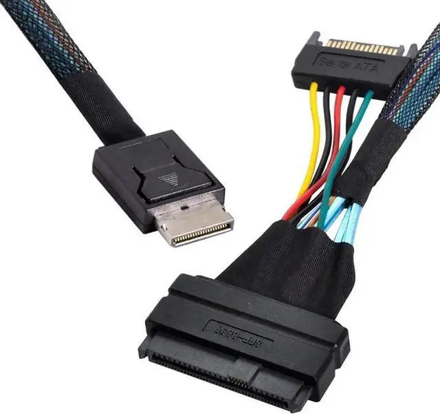 Alt view image 3 of 4 - 100CM PCIe 4.0 OCuLink SFF-8611 Male to U.2/U.3 SFF-8639 Female NVMe SSD Extension Cable with SATA 15Pin Power, High-Speed PCI-Express Storage Dongle for Motherboard NVMe Backplane, Limited Stock