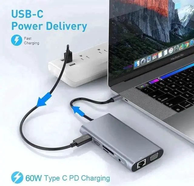 Alt view image 4 of 5 - WRIARICH 10-in-1 USB-C Multiport Hub Dock, 4K HDMI VGA Gigabit Ethernet 3×USB3.0 60W PD Charging 3.5mm Audio SD TF Card Reader Compatible with MacBook Pro/Air, Surface Pro 7 & All USB-C Laptops