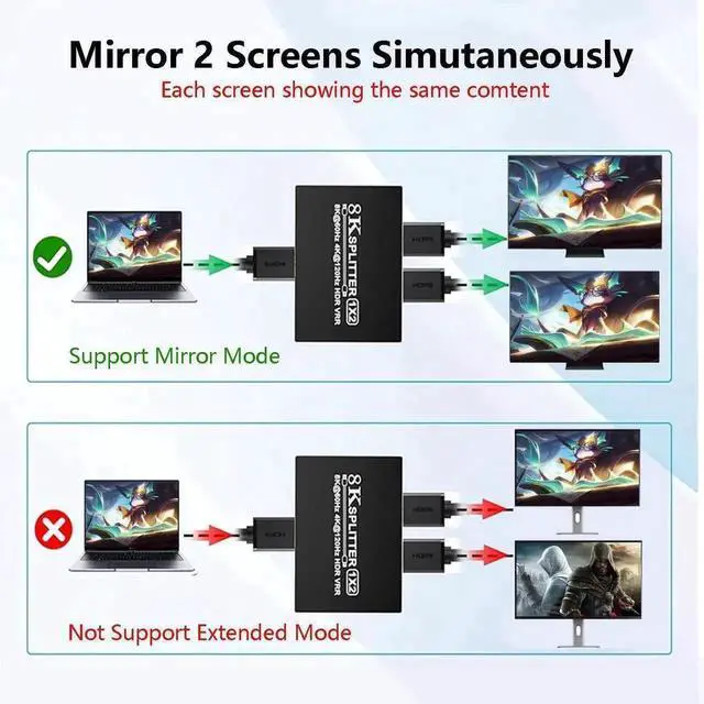 Alt view image 2 of 7 - WRIARICH HDMI 2.1 1 in 2 Out Powered Splitter with 3.5mm Audio Extractor, 48Gbps 8K@60Hz 4K@120Hz Mirror Dual Monitor Splitter, EDID HDCP2.3 Dolby Vision HDR10+ 3D for PS5 SkyQ Xbox NVIDIA AMD Switch