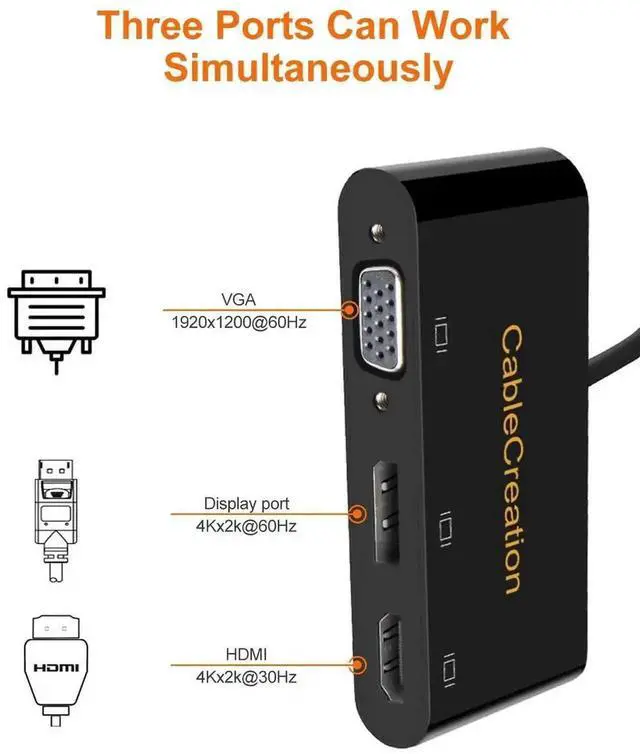 Alt view image 3 of 6 - 3 in 1 MST USB-C Multiport Video Adapter, Type-C to HDMI VGA DisplayPort Converter, Triple Multi-Screen Display, Black Dock Compatible with MacBook Pro 2020, iPad Pro 2018, Dell XPS, HP Spectre x360,