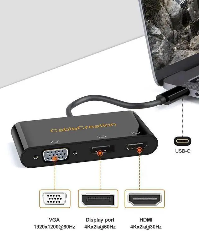 Alt view image 6 of 6 - 3 in 1 MST USB-C Multiport Video Adapter, Type-C to HDMI VGA DisplayPort Converter, Triple Multi-Screen Display, Black Dock Compatible with MacBook Pro 2020, iPad Pro 2018, Dell XPS, HP Spectre x360,