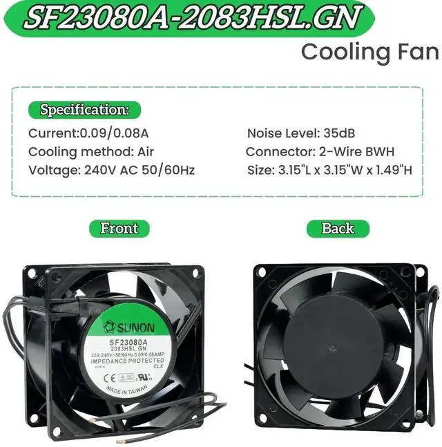 Alt view image 5 of 6 - WRIARICH SUNON SF23080A-2083HBL.GN SF Series 8038 Cabinet Cooling Fan, 220-240V 50/60Hz 0.09/0.08A 2850RPM Axial Fan