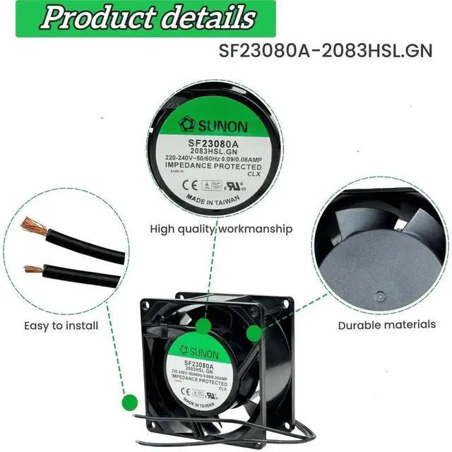 Alt view image 6 of 6 - WRIARICH SUNON SF23080A-2083HBL.GN SF Series 8038 Cabinet Cooling Fan, 220-240V 50/60Hz 0.09/0.08A 2850RPM Axial Fan