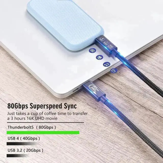 Alt view image 3 of 7 - WRIARICH 2M USB-C to USB-C Thunderbolt 5 & USB4 Cable, 80Gbps Data Transfer, 240W PD Charging, Compatible with Hub, Dock, Laptop and Monitor