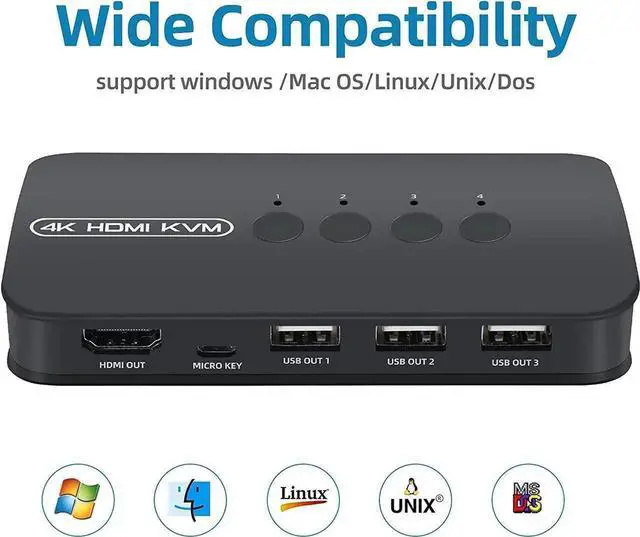 Alt view image 3 of 6 - WRIARICH 4-Port HDMI KVM Switch, 4K@30Hz, 4 PCs Share One Monitor, Keyboard, Mouse & Printer, 4 KVM Cables Included
