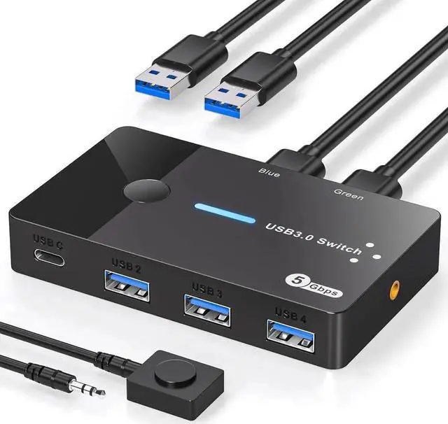 Main image of WRIARICH 2-Port USB 3.0 Sharing Switch with 4 Ports, Support USB-A & USB-C Peripherals, External Desktop Controller & 2 USB 3.0 Cables Included for 2 PCs Share Keyboard Mouse Printer Scanner