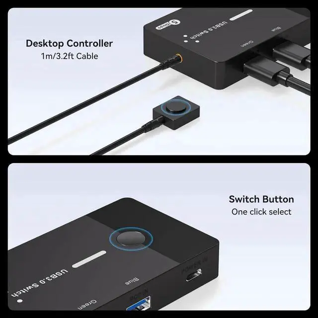 Alt view image 6 of 7 - WRIARICH 2-Port USB 3.0 Sharing Switch with 4 Ports, Support USB-A & USB-C Peripherals, External Desktop Controller & 2 USB 3.0 Cables Included for 2 PCs Share Keyboard Mouse Printer Scanner