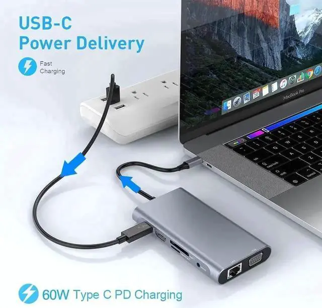 Alt view image 4 of 5 - 10 in 1 USB C Multiport Docking Station, USB-C Hub with Gigabit Ethernet, 4K HDMI, VGA, 3×USB3.0, 60W PD Charging, 3.5mm Audio Jack, SD TF Card Reader, Compatible with MacBook Pro/Air, Surface Pro 7 &
