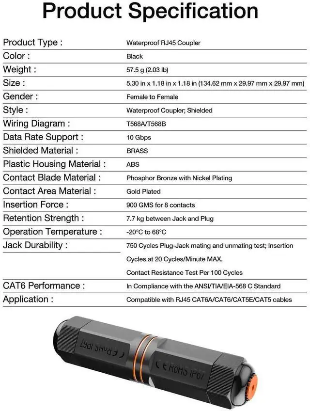 Alt view image 6 of 7 - WRIARICH 5 Pack IP68 Waterproof Outdoor RJ45 Ethernet Coupler, Shielded Female to Female CAT6A 10Gbps Network Cable Extender, Weatherproof LAN Connector, 5.3 Inches Length