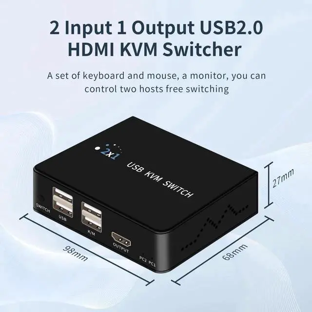 Alt view image 2 of 3 - WRIARICH 2-Port HDMI KVM Switch 4K@60Hz, 2 PCs Share 1 Monitor & 4 USB2.0 Peripherals, Supports Button & External Desktop Controller Switch for Keyboard Mouse Printer