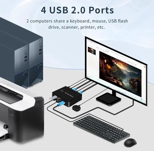 Alt view image 3 of 3 - WRIARICH 2-Port HDMI KVM Switch 4K@60Hz, 2 PCs Share 1 Monitor & 4 USB2.0 Peripherals, Supports Button & External Desktop Controller Switch for Keyboard Mouse Printer