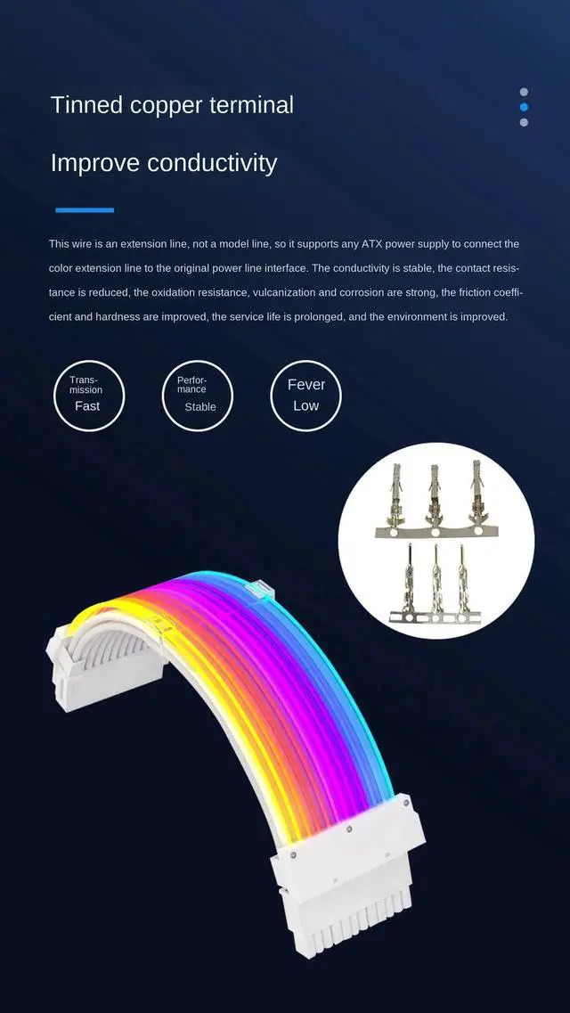 Alt view image 3 of 7 - WRIARICH RGB Luminous 24Pin ATX Power Extension Cable, Dual-Head Acousto-Optic Sync Fiber Optic Glow Cord, 18AWG Tinned Copper, 245mm
