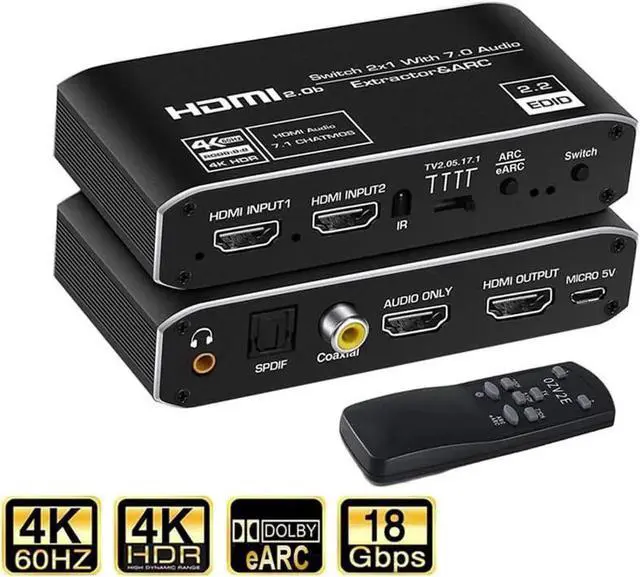 Main image of 2 in 1 Out HDMI Switch with Audio Extractor, 4K@60Hz HDMI 2.0b Signal Switcher, Separates HDMI Signal to HDMI Video + Optical SPDIF / Coaxial / 3.5mm Stereo Audio, HDCP2.2 HDR 3D Supported, Compatible