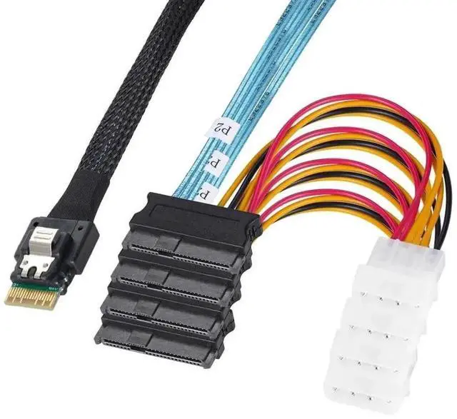 Main image of WRIARICH Slimline SAS 4.0 Fanout Breakout Cable, SFF-8654 4i 38Pin Host to 4×SFF-8482 29Pin SAS Data+Power Integrated Connector, Internal Server RAID Hard Drive Interconnect Cable