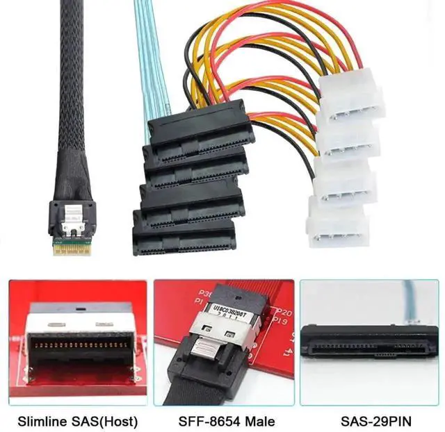 Alt view image 2 of 7 - WRIARICH Slimline SAS 4.0 Fanout Breakout Cable, SFF-8654 4i 38Pin Host to 4×SFF-8482 29Pin SAS Data+Power Integrated Connector, Internal Server RAID Hard Drive Interconnect Cable