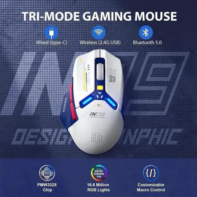 Alt view image 4 of 7 - WRIARICH Tri-Mode Wireless Gaming Mouse, Bluetooth 5.0 / USB-C Wired / 2.4G RF Gaming Mice, 10000 Adjustable DPI, Fully Programmable RGB Backlit Rechargeable Mouse for Laptop PC Mac, White & Blue