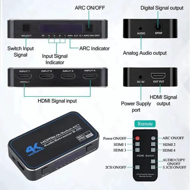 Alt view image 6 of 7 - WRIARICH OZQ4 4 in 1 Out HDMI 2.0 Switch with Audio Extractor 4K@60Hz 18Gbps Optical & 3.5mm Stereo Audio Output HD Video Switcher for PS5 PS4 Xbox HDTV Monitor Projector
