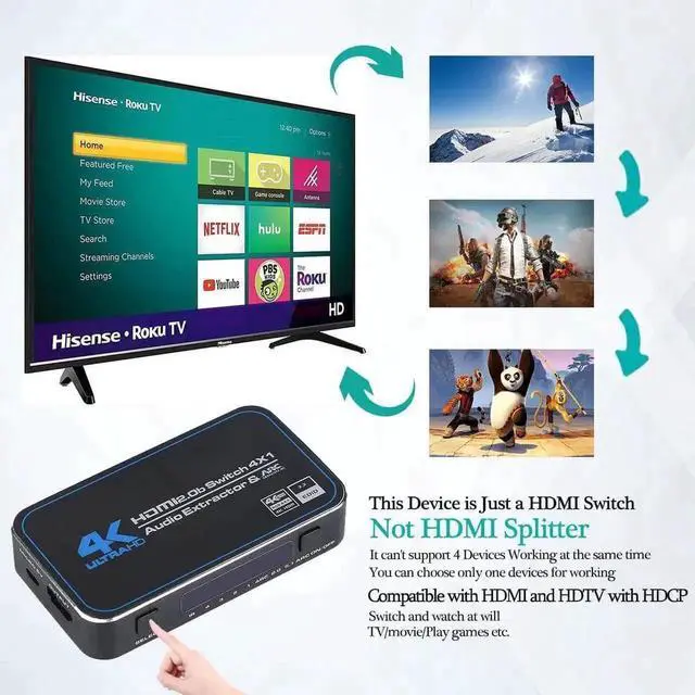 Alt view image 4 of 7 - WRIARICH OZQ4 4 in 1 Out HDMI 2.0 Switch with Audio Extractor 4K@60Hz 18Gbps Optical & 3.5mm Stereo Audio Output HD Video Switcher for PS5 PS4 Xbox HDTV Monitor Projector
