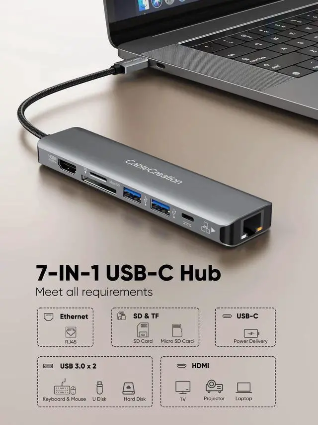Alt view image 5 of 7 - CableCreation 7-in-1 USB-C Multiport Hub, 4K@60Hz HDMI, 1Gbps Gigabit Ethernet, Dual USB 3.0, 100W PD Charging, SD TF Card Reader, Compatible with Steam Deck, MacBook Pro/Air, iPad Pro, USB-C Laptops