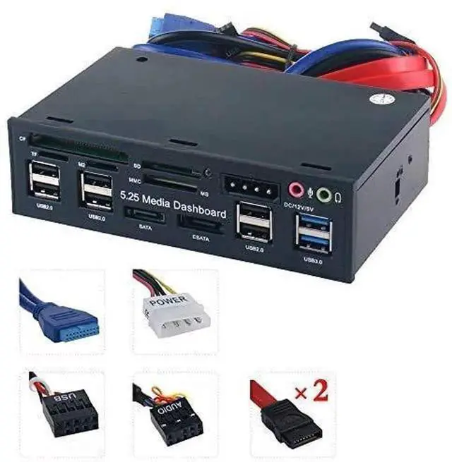 Main image of WRIARICH 5.25 Inch Multi-Function Front Panel Media Dashboard, USB 3.0 Hub + Card Reader + SATA/eSATA Port + Audio Jack, Fits Standard CD-ROM Optical Drive Bay