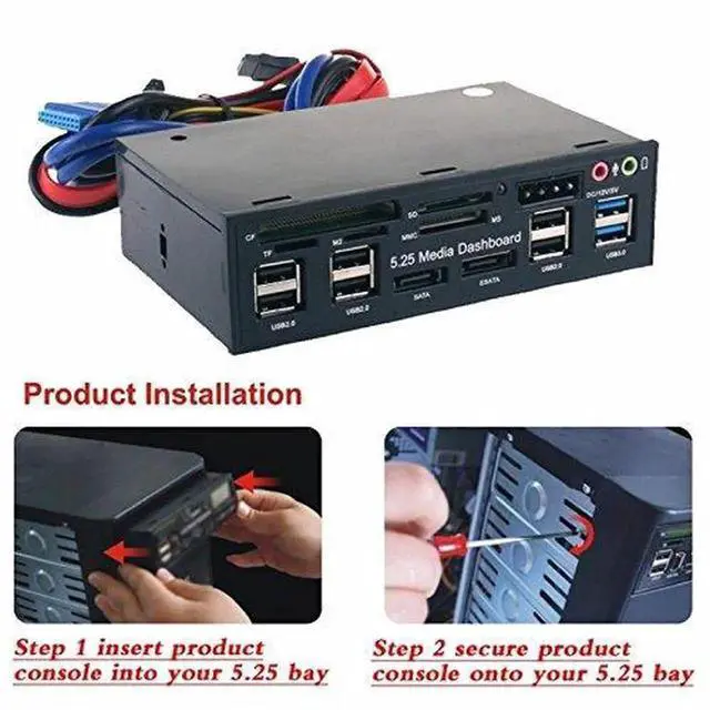 Alt view image 5 of 6 - WRIARICH 5.25 Inch Multi-Function Front Panel Media Dashboard, USB 3.0 Hub + Card Reader + SATA/eSATA Port + Audio Jack, Fits Standard CD-ROM Optical Drive Bay