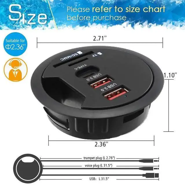 Alt view image 2 of 6 - WRIARICH 60MM 2.36 Inch Desk Grommet USB 3.0 Hub, Embedded Desktop Multiport Hub with 2 USB-A 3.0 + 1 USB-C, SD TF Card Reader, Supports Simultaneous Data Sync & Device Charging